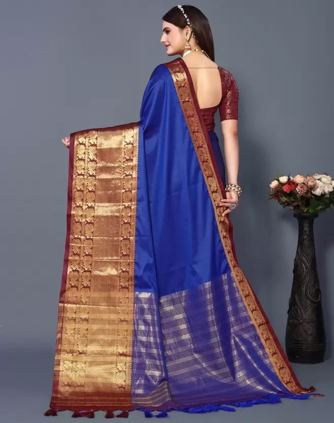 Royal Blue Brown Golden Design Kamini Cotton Silk Saree