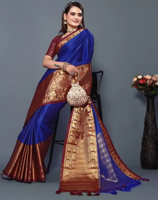 Royal Blue Brown Golden Design Kamini Cotton Silk Saree