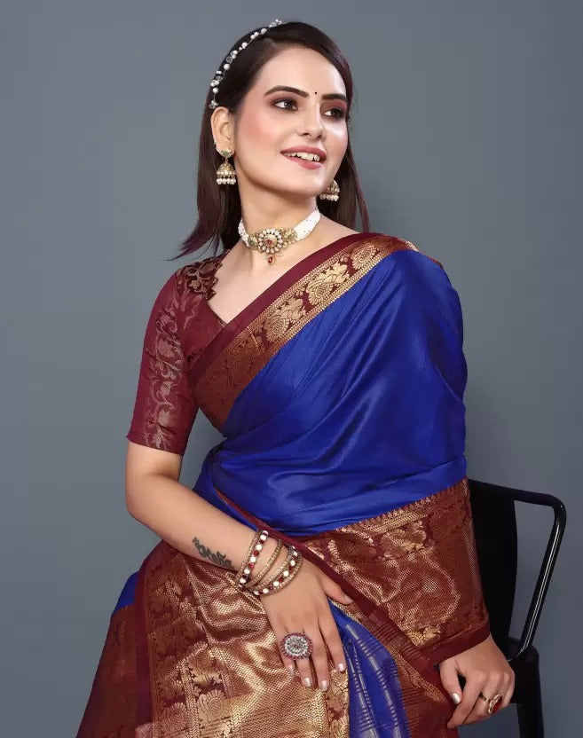 Royal Blue Brown Golden Design Kamini Cotton Silk Saree