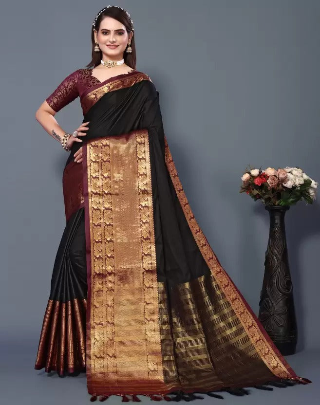 Black Brown Golden Design Kamini Cotton Silk Saree