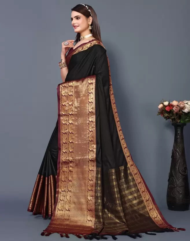 Black Brown Golden Design Kamini Cotton Silk Saree