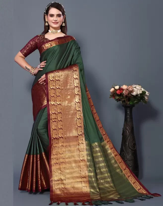 Green Brown Golden Design Kamini Cotton Silk Saree