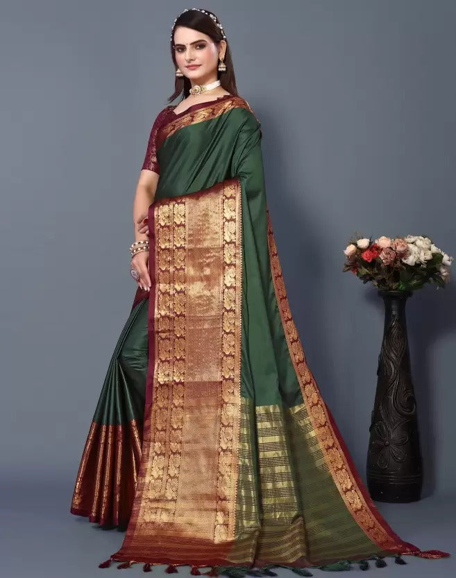 Green Brown Golden Design Kamini Cotton Silk Saree