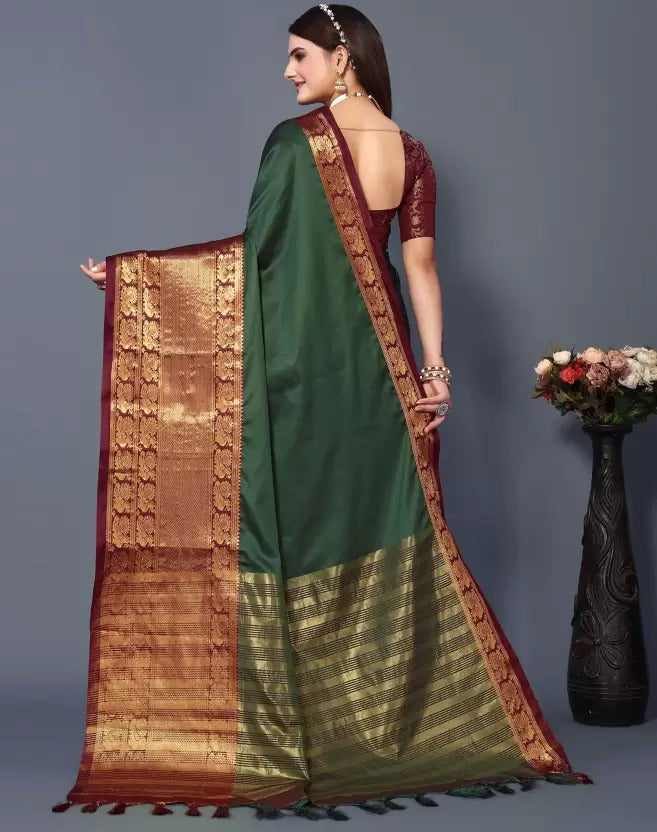 Green Brown Golden Design Kamini Cotton Silk Saree