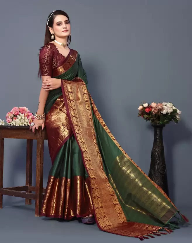 Green Brown Golden Design Kamini Cotton Silk Saree