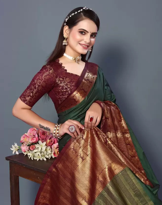 Green Brown Golden Design Kamini Cotton Silk Saree