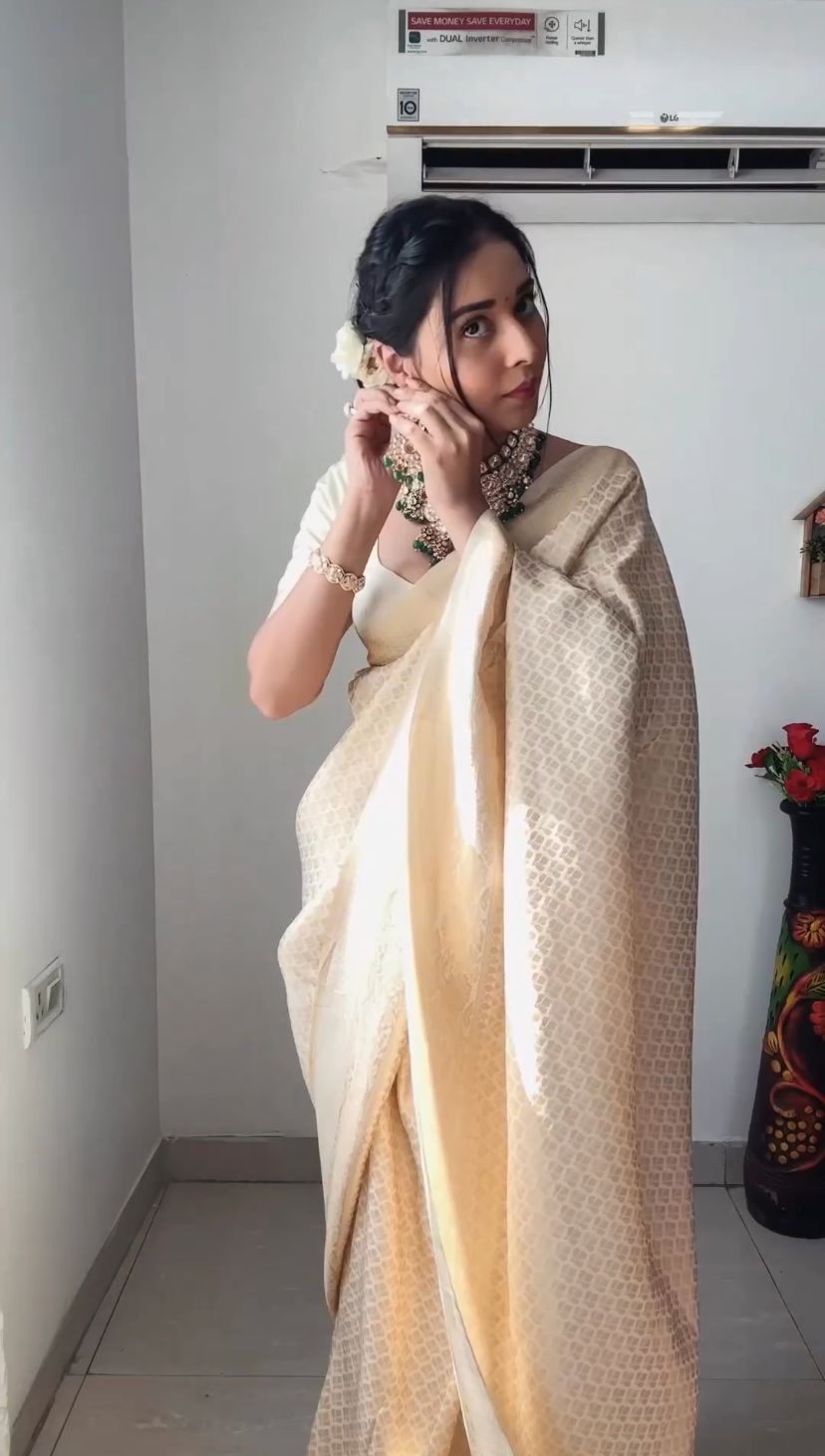 1-Minute Ready To Wear Beige Kanjivaram Silk Saree with unstitched blouse.