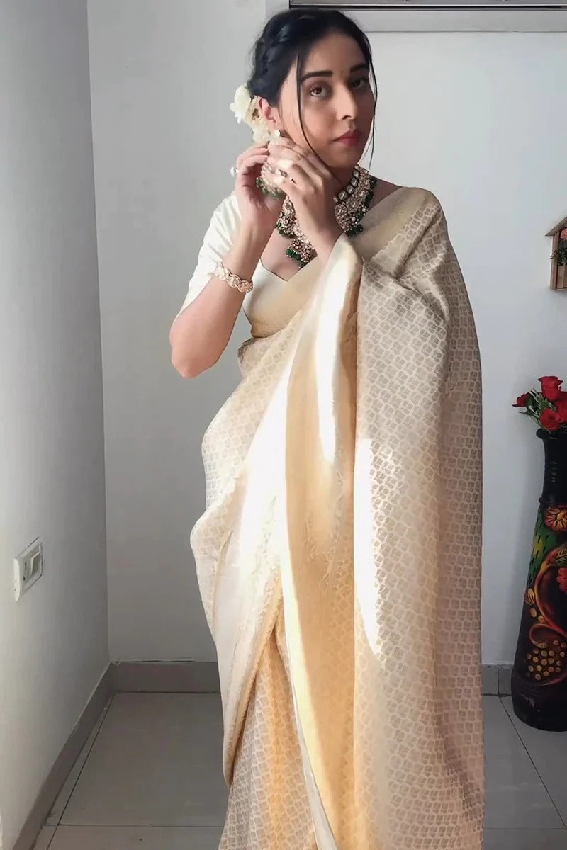 1-Minute Ready To Wear Beige Kanjivaram Silk Saree with unstitched blouse.