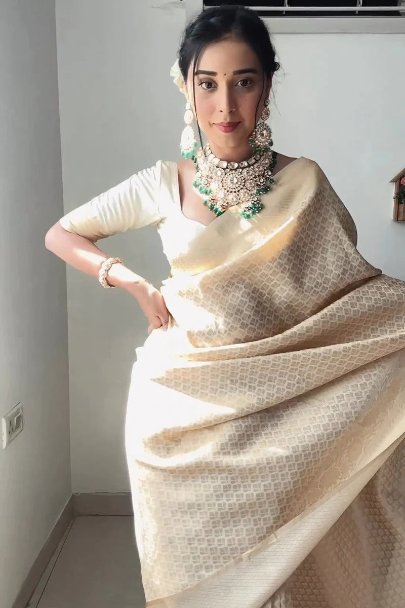 1-Minute Ready To Wear Beige Kanjivaram Silk Saree with unstitched blouse.