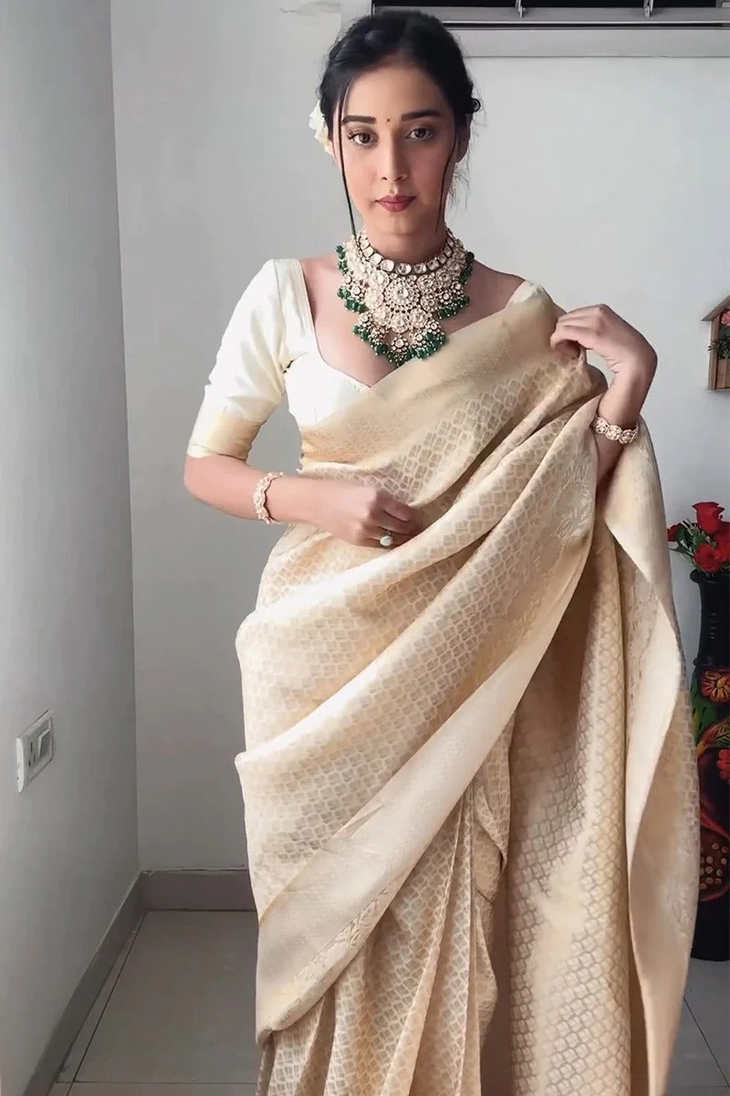 1-Minute Ready To Wear Beige Kanjivaram Silk Saree with unstitched blouse.