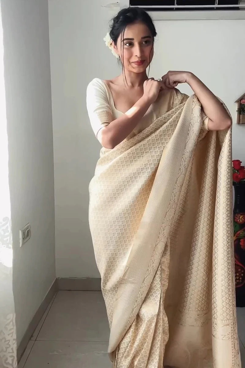 1-Minute Ready To Wear Beige Kanjivaram Silk Saree with unstitched blouse.