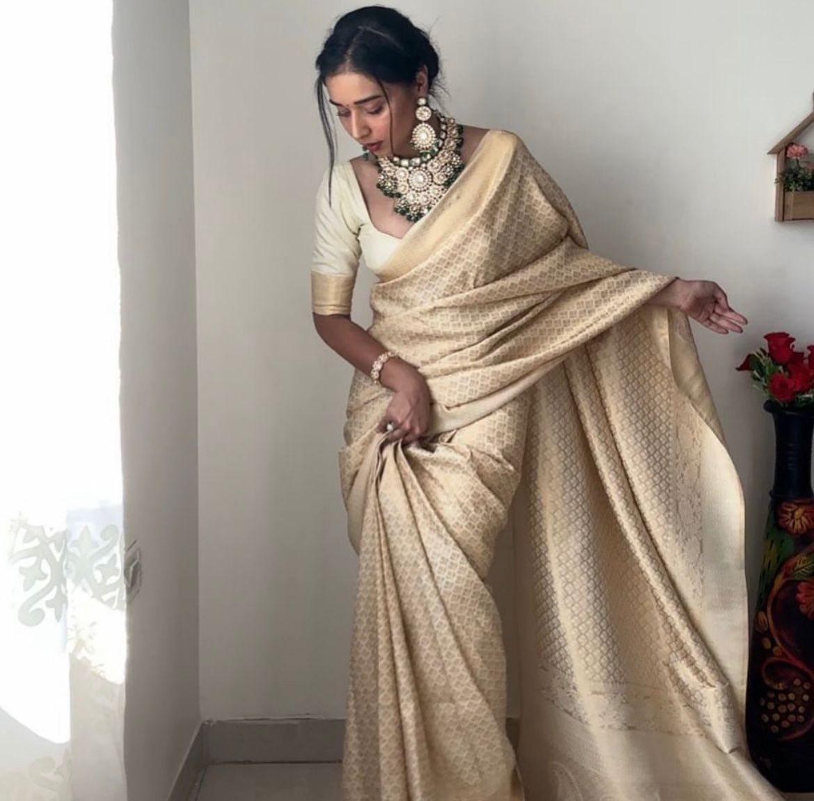 1-Minute Ready To Wear Beige Kanjivaram Silk Saree with unstitched blouse.