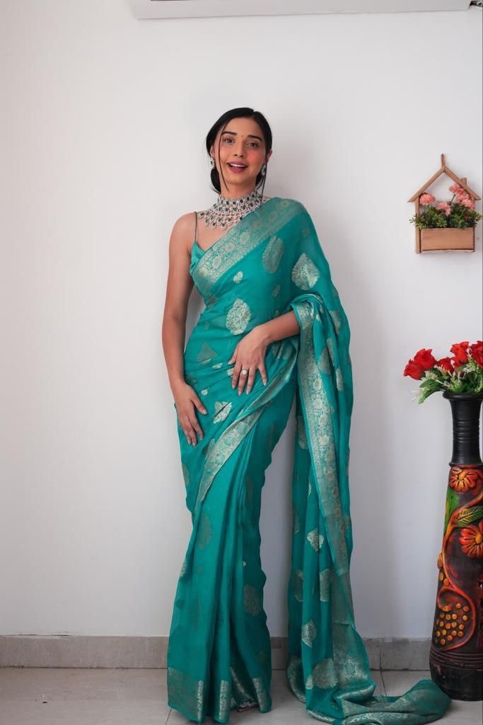 1-Minute Ready To Wear Sea Green Cotton Silk Saree with unstitched blouse