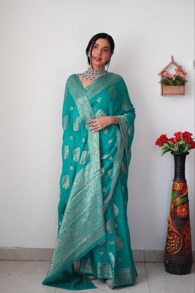 1-Minute Ready To Wear Sea Green Cotton Silk Saree with unstitched blouse