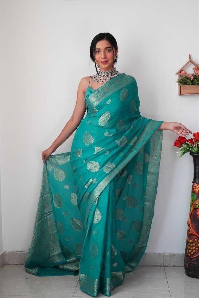 1-Minute Ready To Wear Sea Green Cotton Silk Saree with unstitched blouse