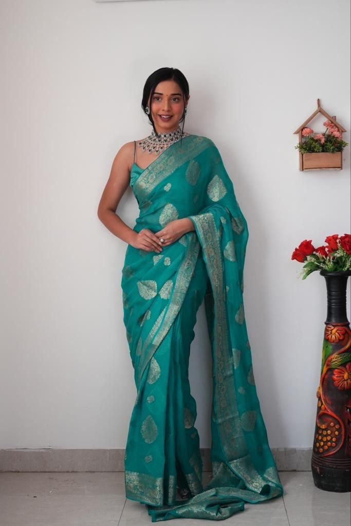 1-Minute Ready To Wear Sea Green Cotton Silk Saree with unstitched blouse