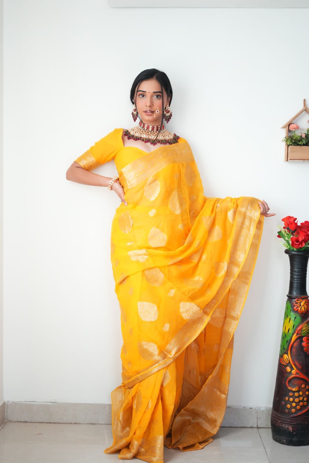 1-Minute Ready To Wear Sea Yellow Cotton Silk Saree with unstitched blouse.