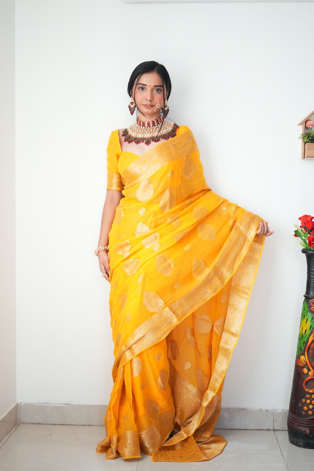 1-Minute Ready To Wear Sea Yellow Cotton Silk Saree with unstitched blouse.