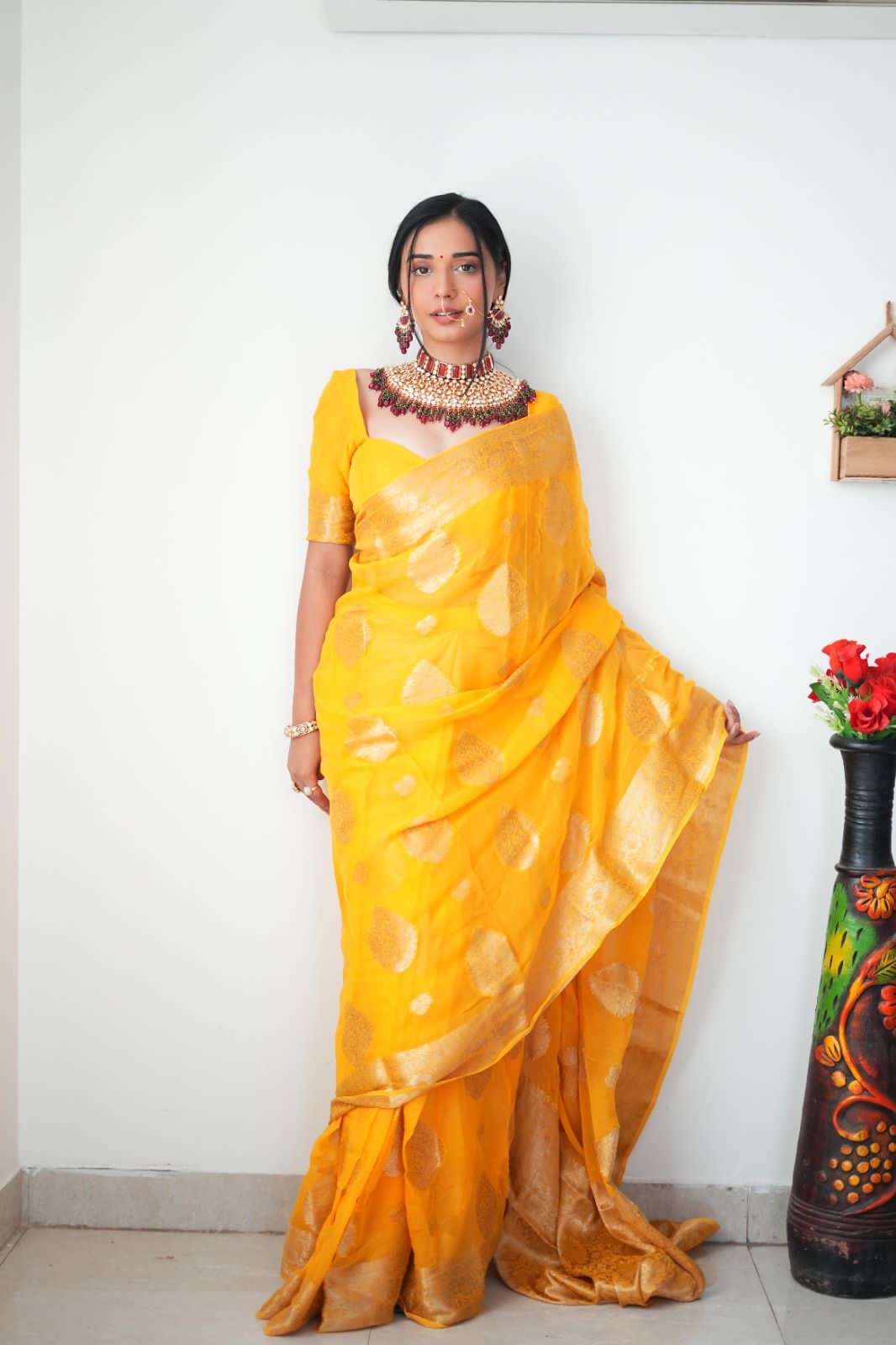 1-Minute Ready To Wear Sea Yellow Cotton Silk Saree with unstitched blouse.