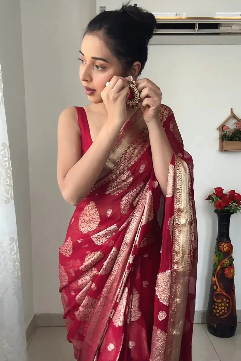 1-Minute Ready To Wear Sea maroon Cotton Silk Saree with unstitched blouse