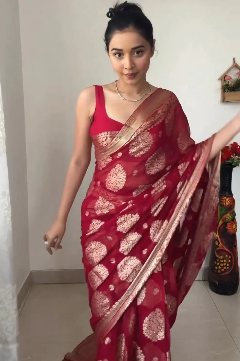 1-Minute Ready To Wear Sea maroon Cotton Silk Saree with unstitched blouse