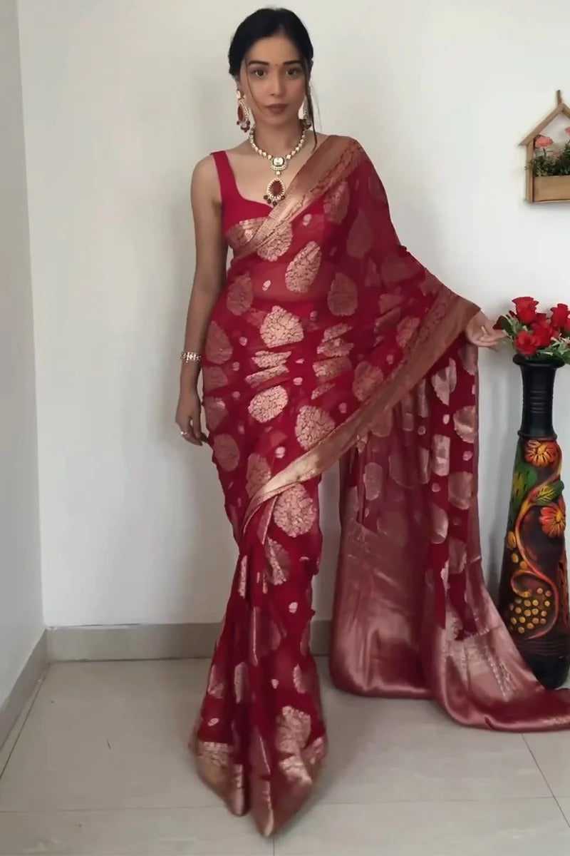 1-Minute Ready To Wear Sea maroon Cotton Silk Saree with unstitched blouse