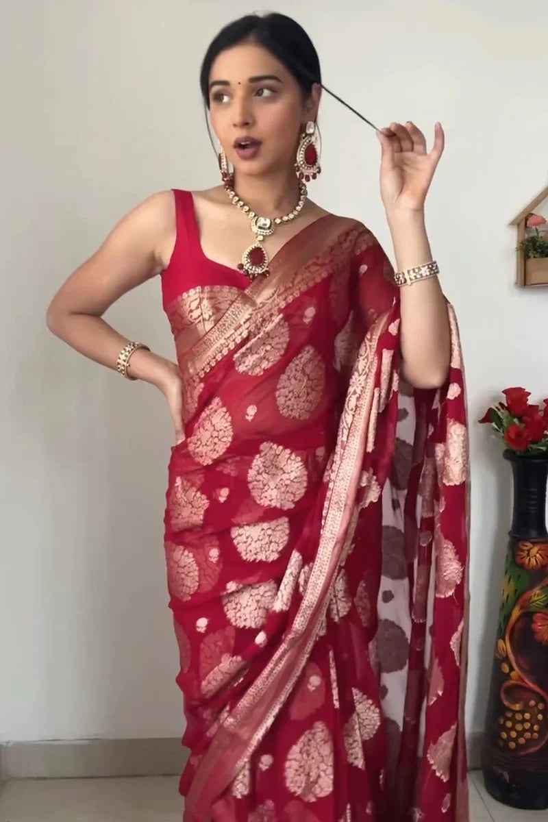 1-Minute Ready To Wear Sea maroon Cotton Silk Saree with unstitched blouse