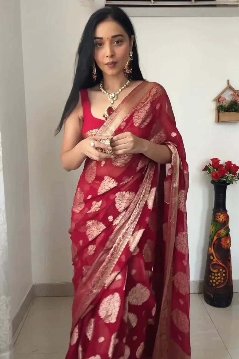 1-Minute Ready To Wear Sea maroon Cotton Silk Saree with unstitched blouse