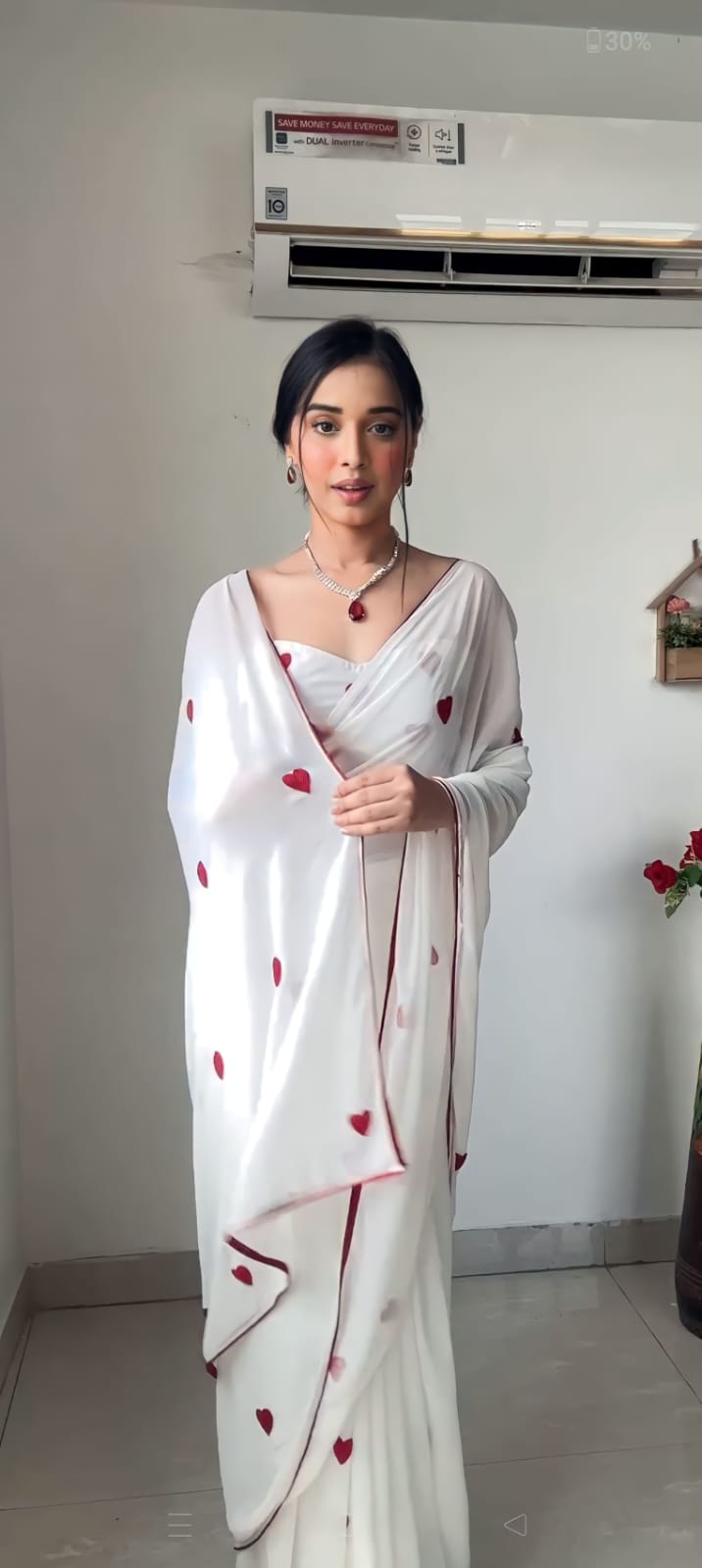 1-Minute Ready To Wear White Georgette Saree with unstitched blouse.