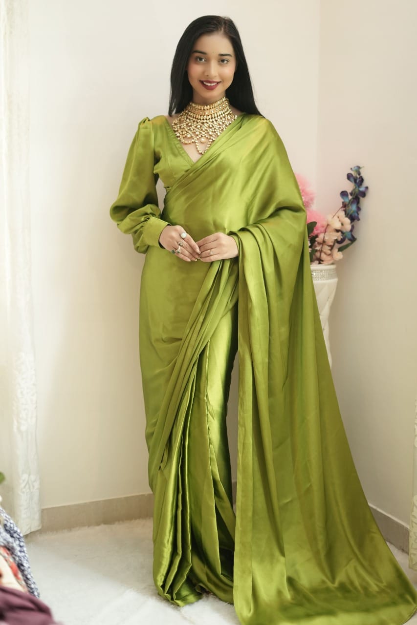 1-Minute Ready To Wear Green Satin Silk Saree With Unstitch Blouse.