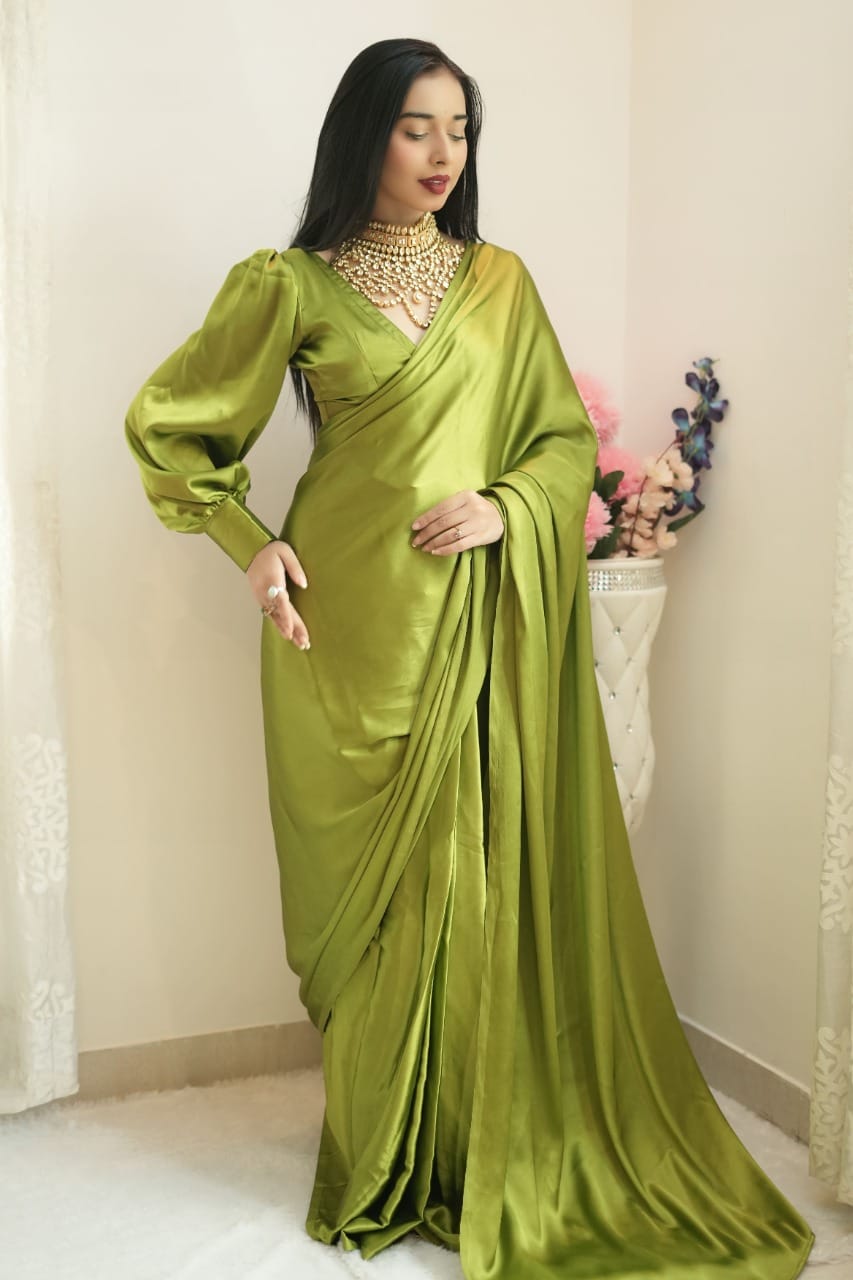 1-Minute Ready To Wear Green Satin Silk Saree With Unstitch Blouse.