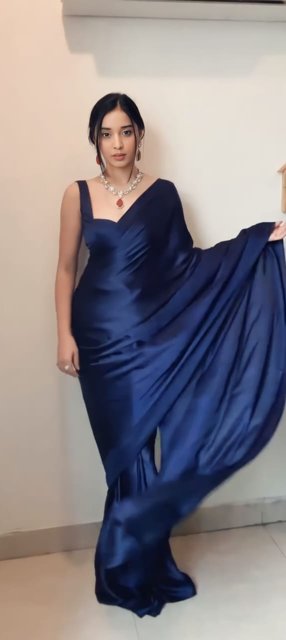 1-Minute Ready To Wear Navy Blue Satin Silk Saree With Unstitch Blouse.