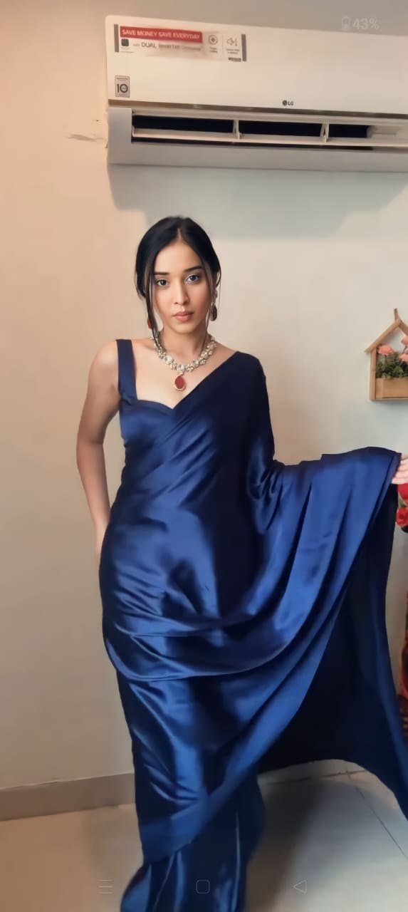 1-Minute Ready To Wear Navy Blue Satin Silk Saree With Unstitch Blouse.