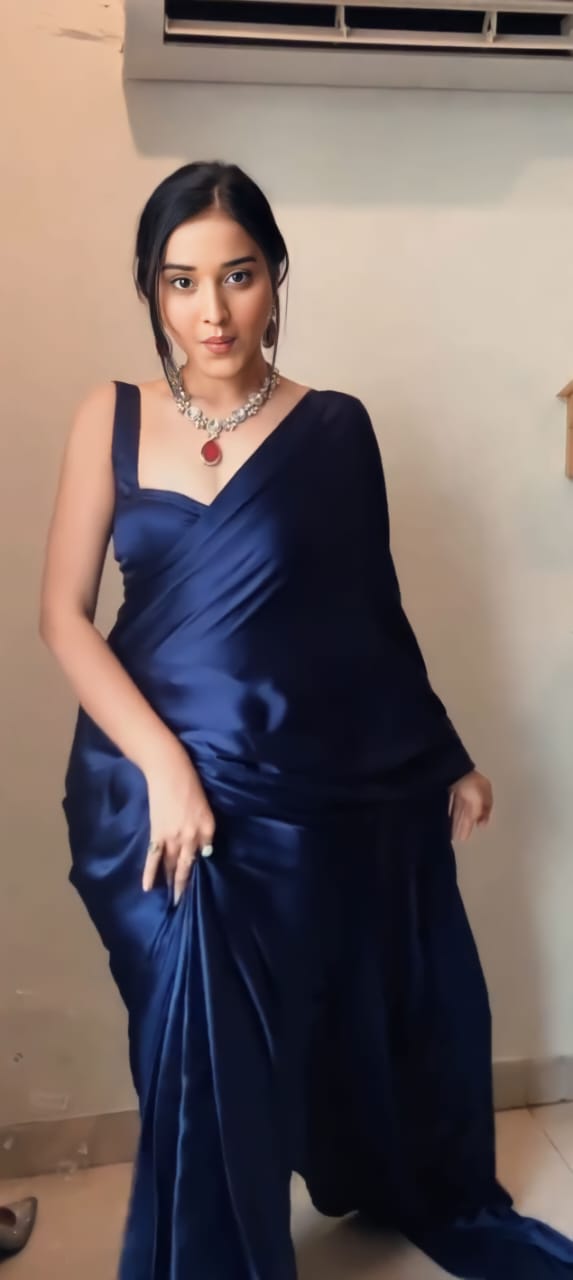 1-Minute Ready To Wear Navy Blue Satin Silk Saree With Unstitch Blouse.