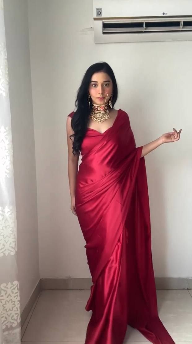 1-Minute Ready To Wear Red Satin Silk Saree With Unstitch Blouse.