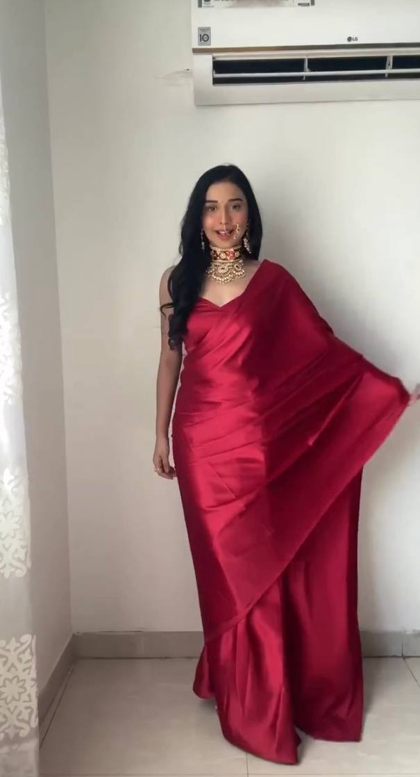 1-Minute Ready To Wear Red Satin Silk Saree With Unstitch Blouse.