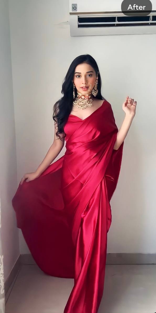 1-Minute Ready To Wear Red Satin Silk Saree With Unstitch Blouse.