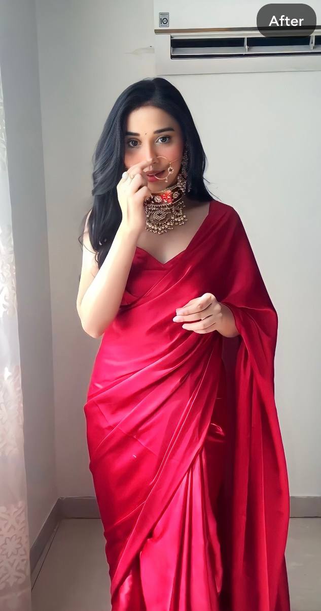 1-Minute Ready To Wear Red Satin Silk Saree With Unstitch Blouse.