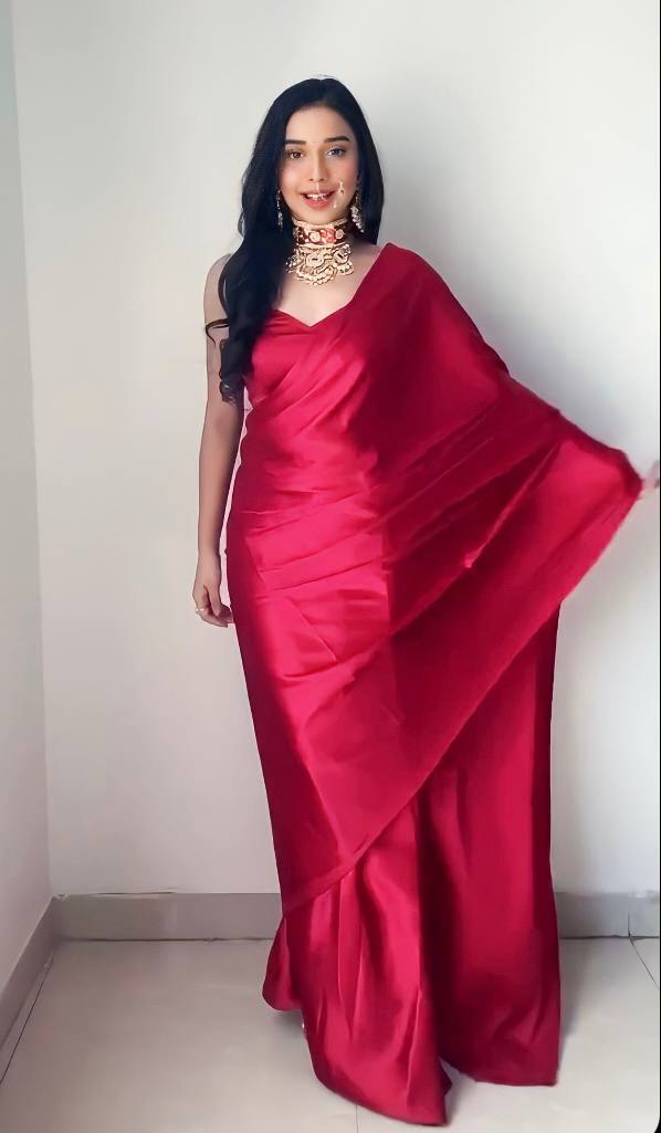 1-Minute Ready To Wear Red Satin Silk Saree With Unstitch Blouse.