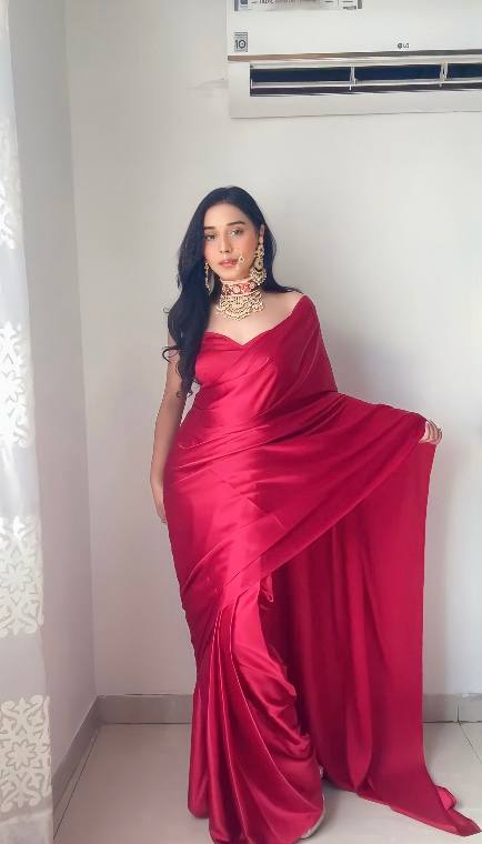 1-Minute Ready To Wear Red Satin Silk Saree With Unstitch Blouse.