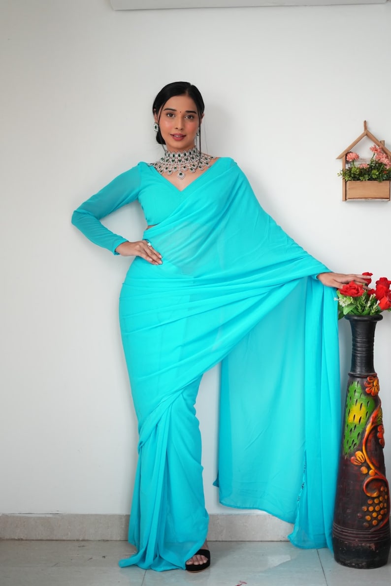 1-Minute Ready To Wear Plain sky blue saree With Unstitched Blouse.