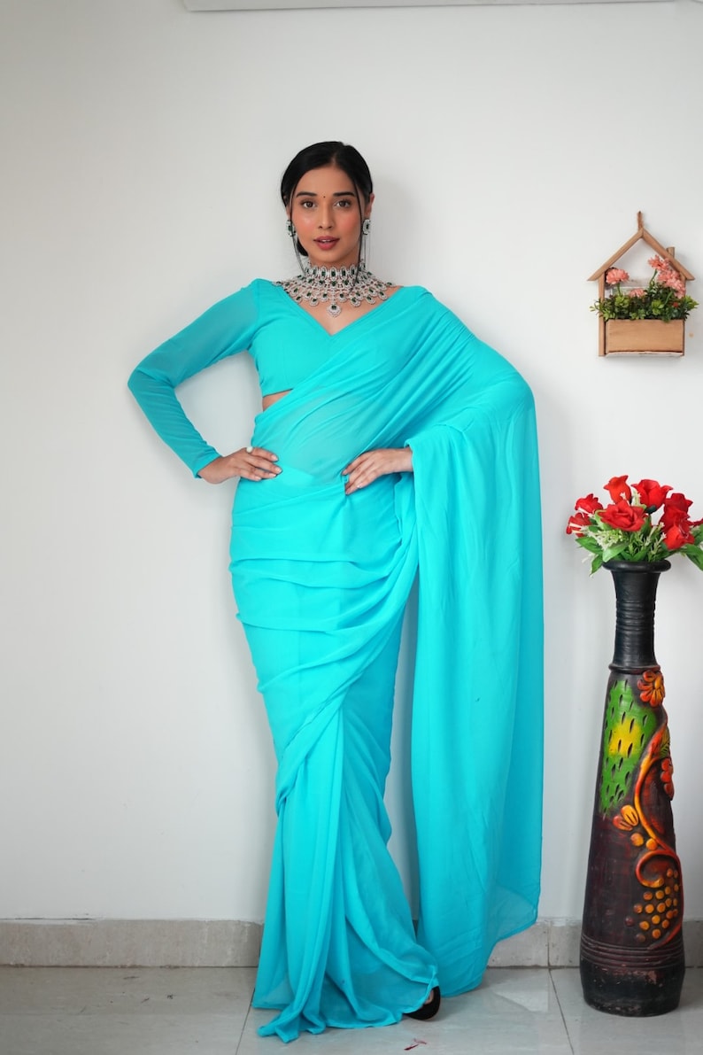 1-Minute Ready To Wear Plain sky blue saree With Unstitched Blouse.