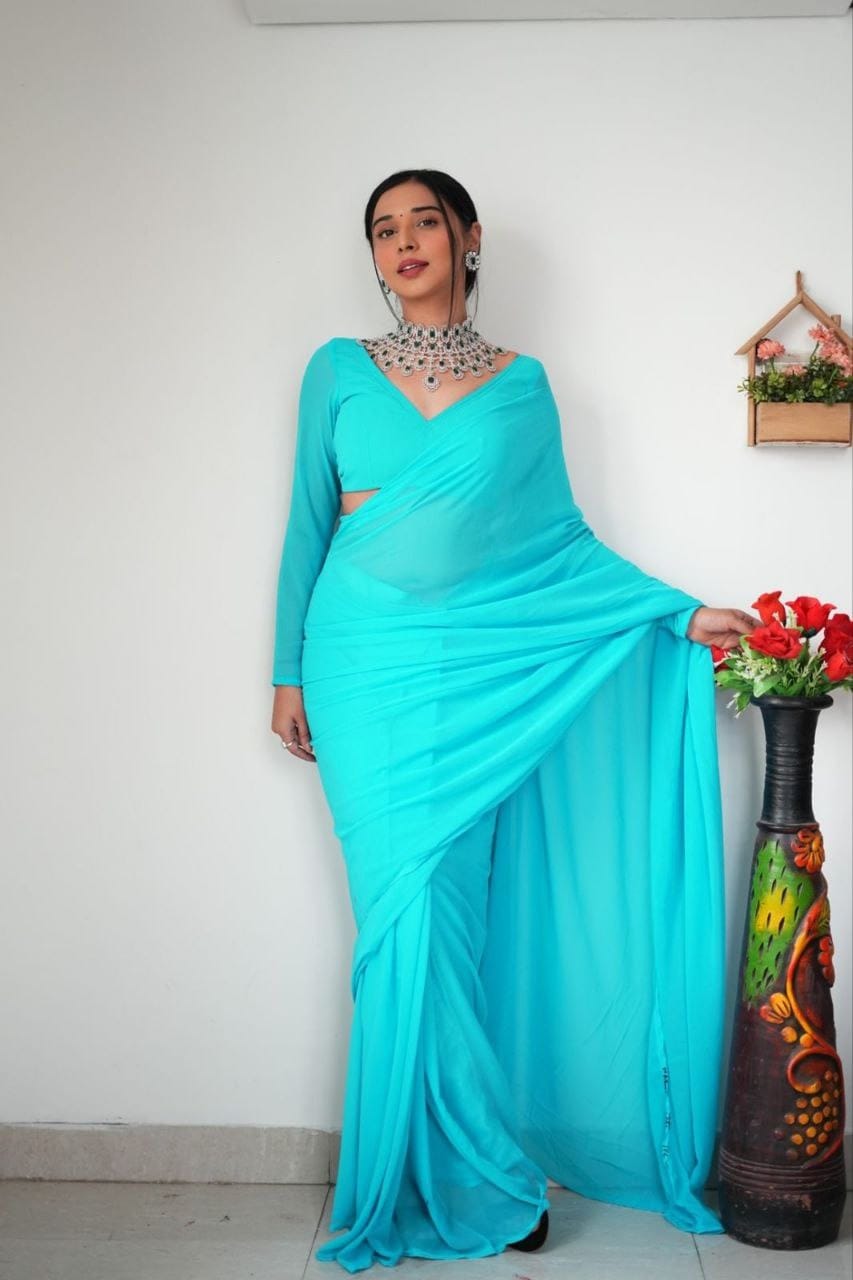 1-Minute Ready To Wear Plain sky blue saree With Unstitched Blouse.