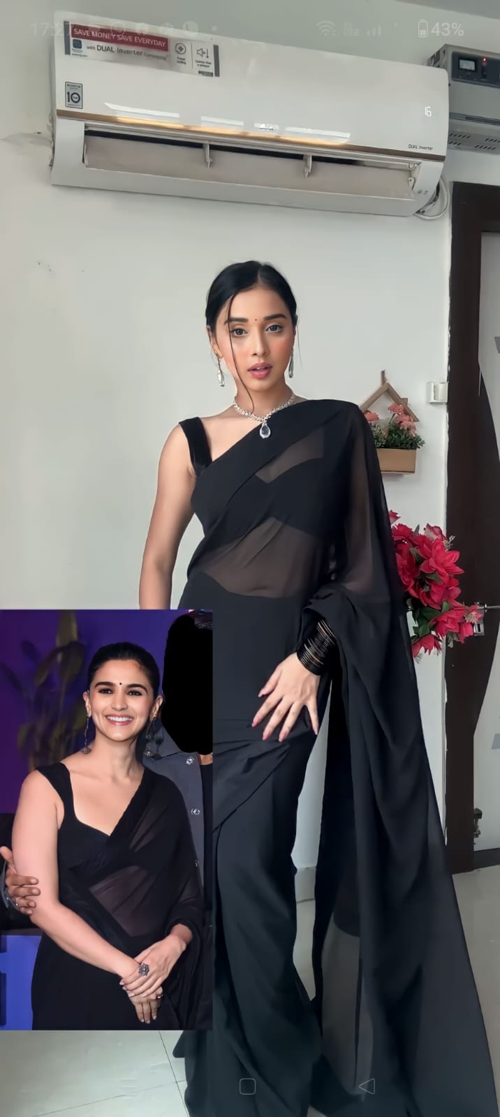 1-Minute Ready To Wear Plain Black saree With Unstitched Blouse.