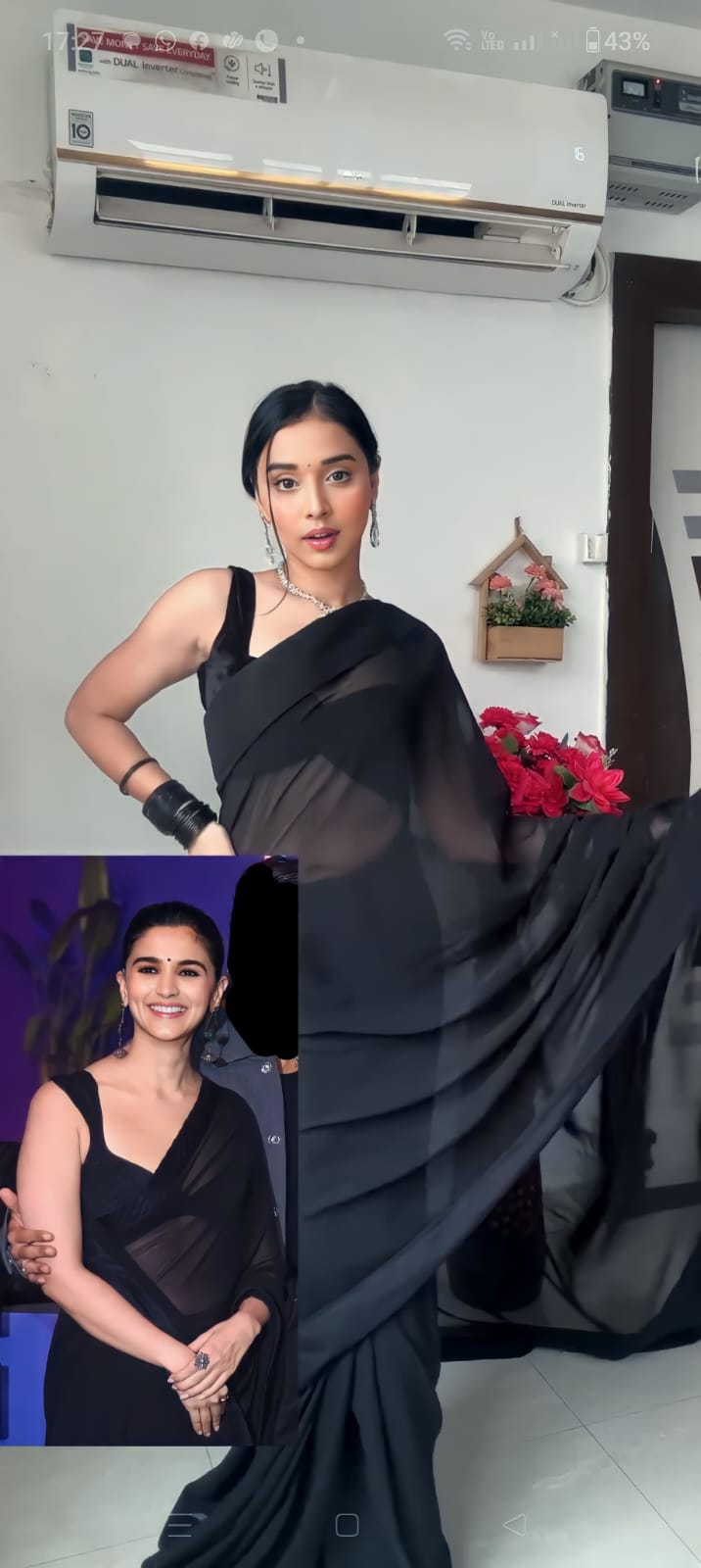 1-Minute Ready To Wear Plain Black saree With Unstitched Blouse.