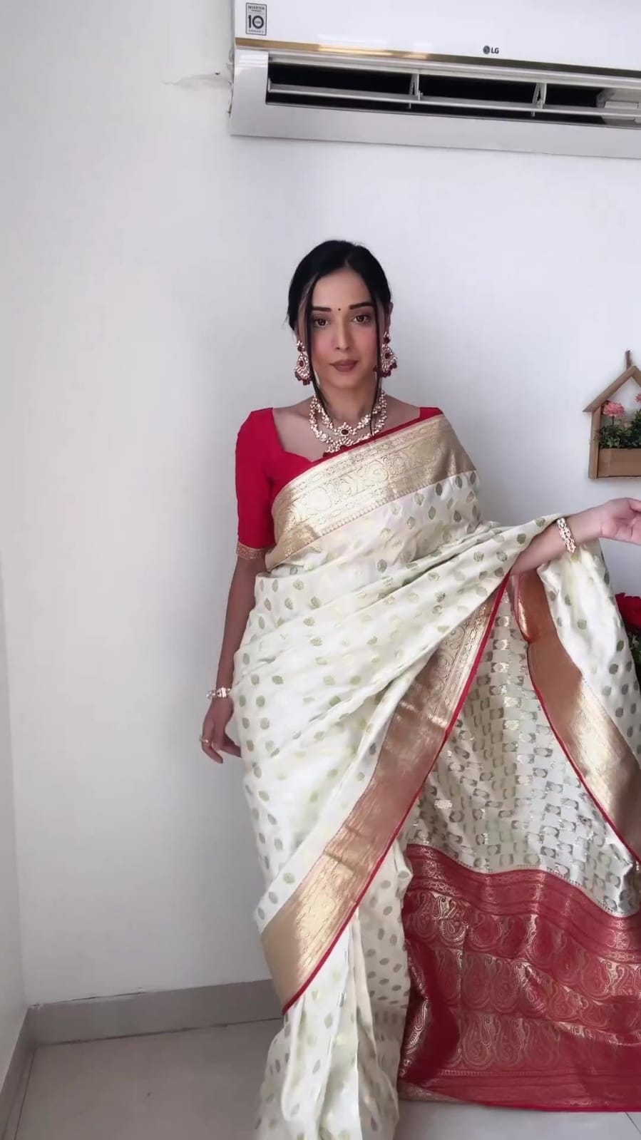 1-Minute Ready To Wear Beige Soft Silk Saree With Unstitched Blouse.