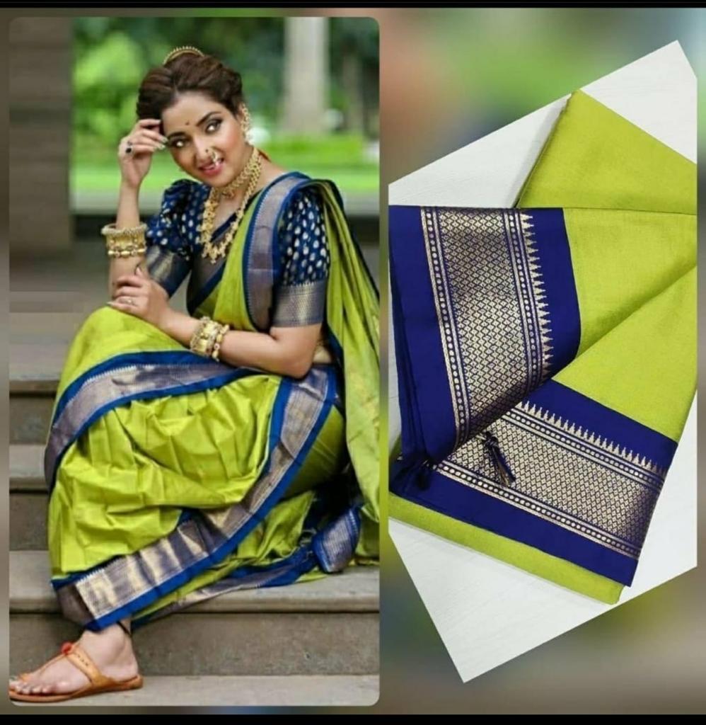 Mehndi and Blue pallu Design CP Cotton Saree