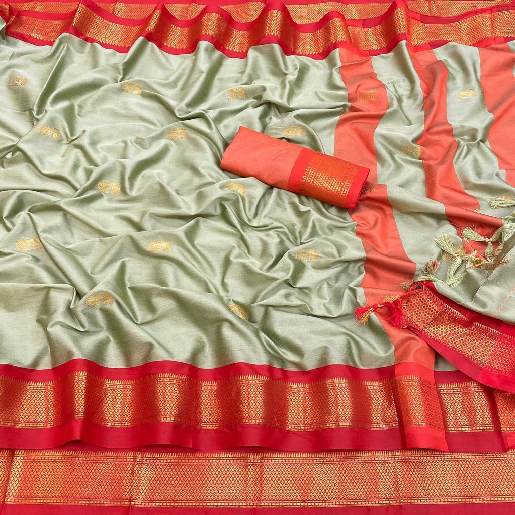 Light Grey and Red pallu Design CP Cotton Saree