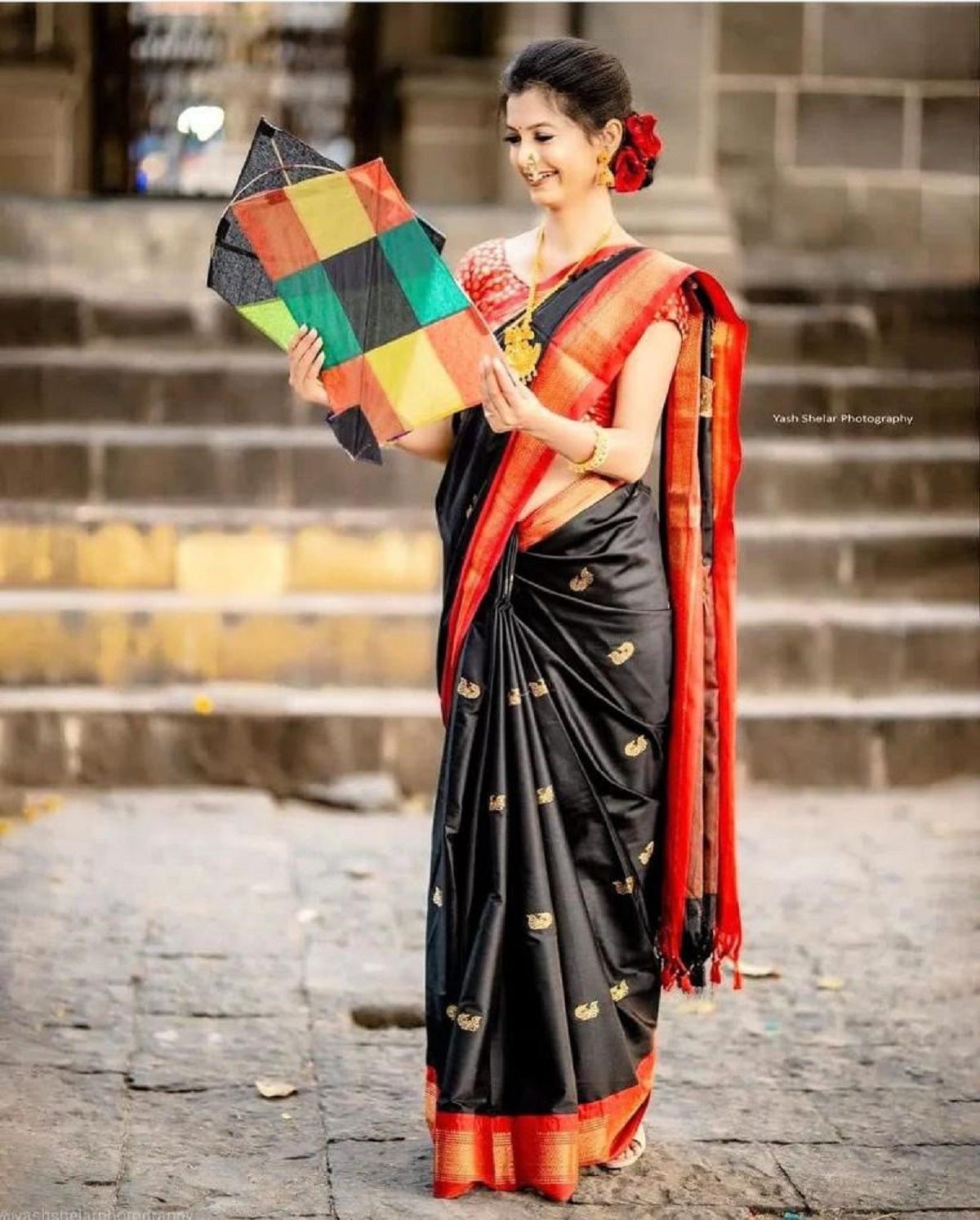 Red and Black Design CP Cotton Saree