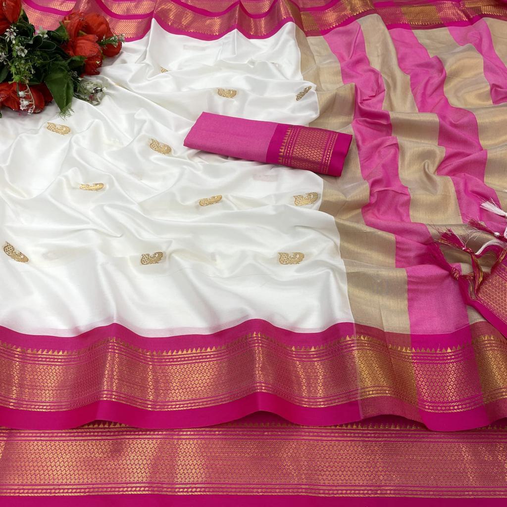 White and Pink pallu Design CP Cotton Saree